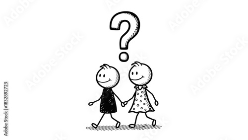 Two stick figures, a male and a female, holding hands and walking under a question mark, symbolizing uncertainty or relationship questions.