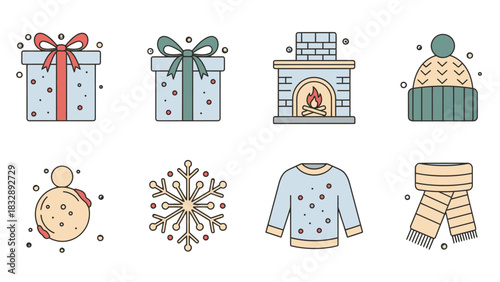 Christmas icons: presents, fireplace, hat, ornament, snowflake, sweater, scarf.