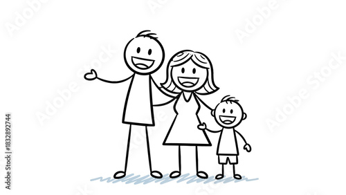 A happy stick figure family with a father, mother, and son smiling together in a simple line drawing.