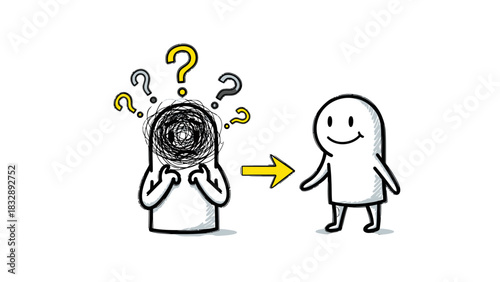 Illustration showing a confused person transforming into a happy, clear-minded individual.