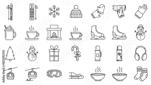 Winter icons set: skis, snowflake, hat, mittens, hot chocolate, fireplace, skates, snowman, tree, gift, candy cane, thermos, goggles, sled, soup, socks.