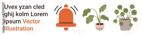 Notification, gardening, digital alerts, home decor, typography, plant care. Visual of a bell and potted plants side by side with scattered text elements. Notification and gardening concepts