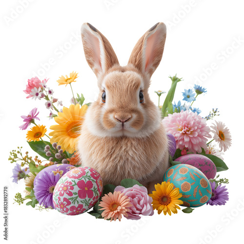 Cute Rabbit Surrounded by Colorful Easter Eggs and Vibrant Flowers in Springt...