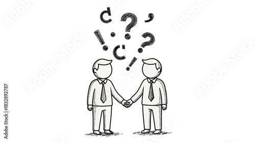 Two businessmen shaking hands amidst a flurry of question marks and exclamation points, symbolizing a complex negotiation or problem-solving session.