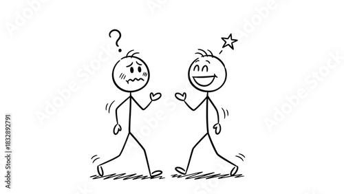 Cartoon stick figures showing contrasting emotions during a conversation.