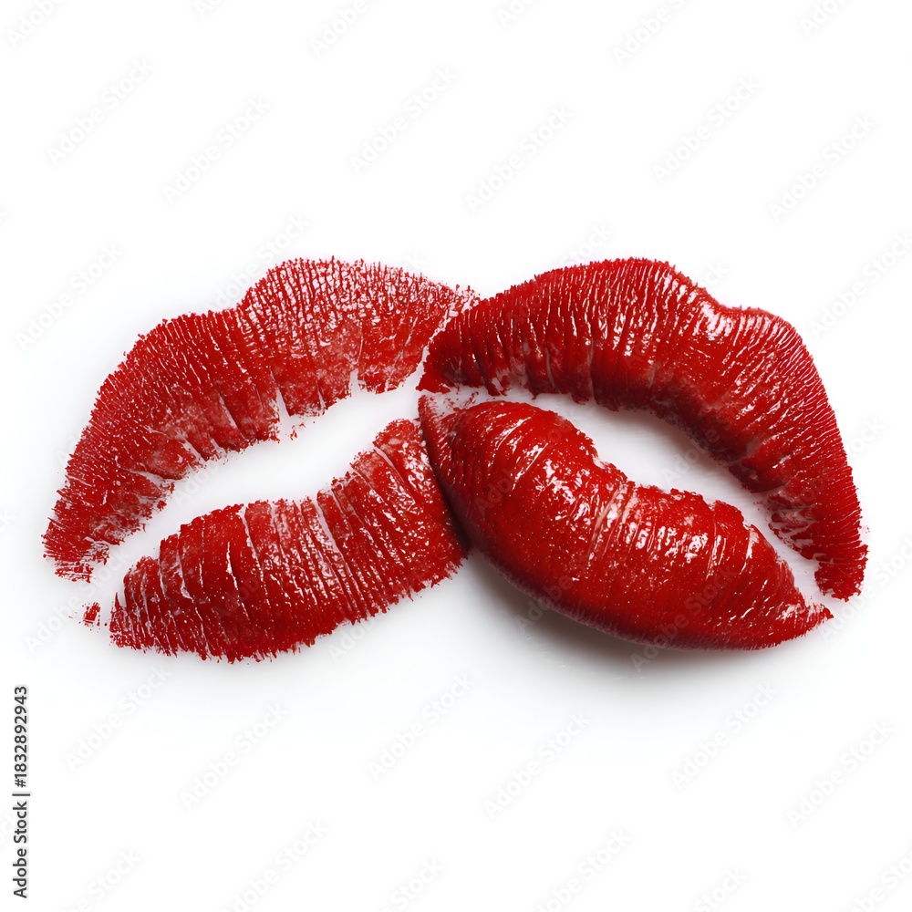 Fototapeta premium Two vibrant red lipstick imprints symbolize affection and romance in a close-up studio shot against a clean, bright, white background.