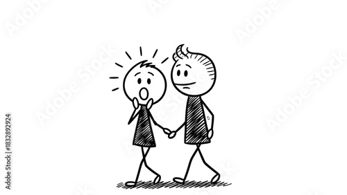 Cartoon stick figures: one person is shocked, the other is calm and holding their hand.