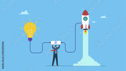 Businessman connect lightbulb idea with launching rocket. Entrepreneur business idea creating startup company, start new business with creativity, innovation, company founder, inventor or development.