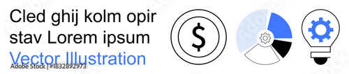 Business analysis, finance management, economic growth, innovation, strategy, teamwork. Dollar sign, pie chart and gear light bulb icons. Business finance and innovation concepts