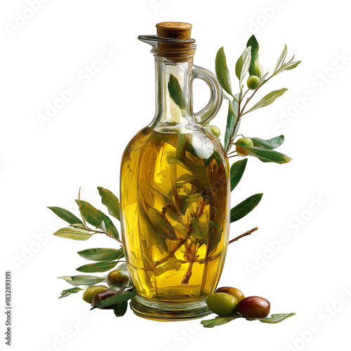 Olive Oil in Glass Bottle With Fresh Olives and Leaves on White Background