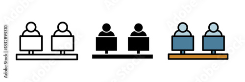 Co working outline of a shared office setup with desks, chairs, and people, representing a co working space in a clean minimal style.