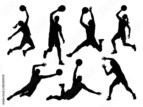 Dynamic silhouettes of basketball players in various action poses.