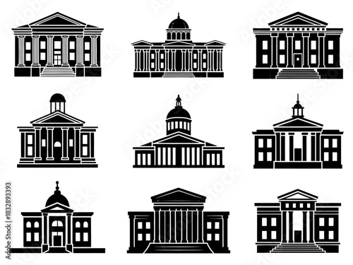 Flat vector icons of government, official, and public buildings.