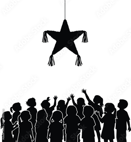 Black silhouette of children reaching for a star piñata