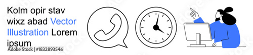 Customer service, communication, time management, business operations, corporate efficiency, remote work. Call icon, clock and person using a computer. Customer service and communication concept