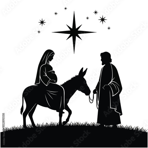 Black silhouette of pregnant Mary riding donkey with Joseph and star