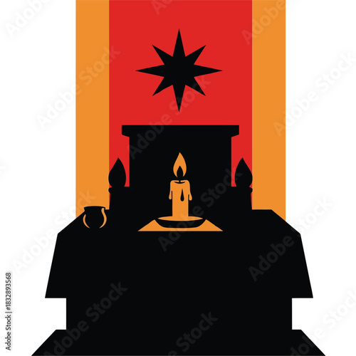 Black silhouette of altar with candle and star flame