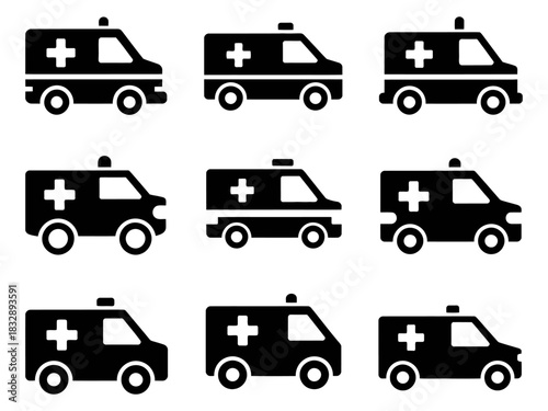 Vector ambulance icons set, emergency healthcare transport sign