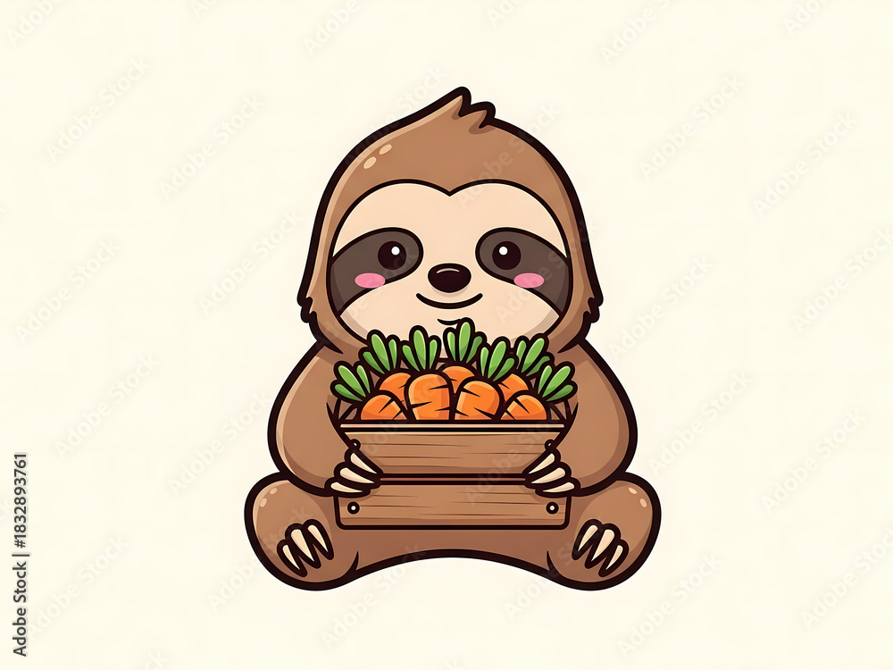 Fototapeta premium Cute cartoon sloth character holding a wooden crate of carrots