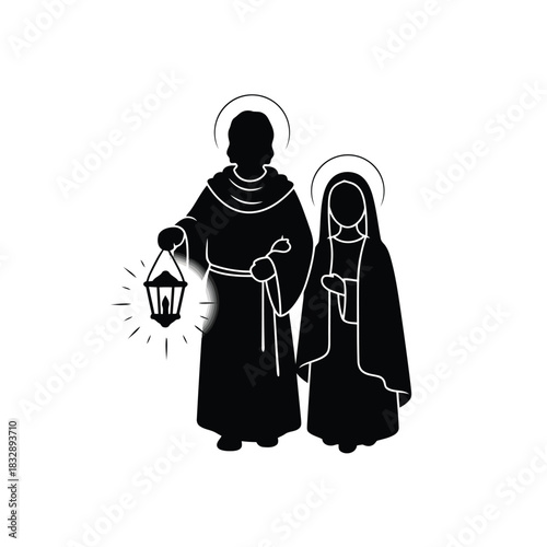 Black silhouette of Saint Joseph and Virgin Mary with lantern