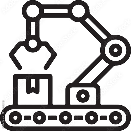 Industrial robotic arm with gripper picking up a box from a conveyor belt presented as a clean silhouette isolated on transparent background