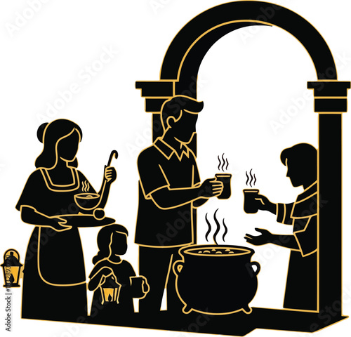 Family sharing food from a communal pot under an archway
