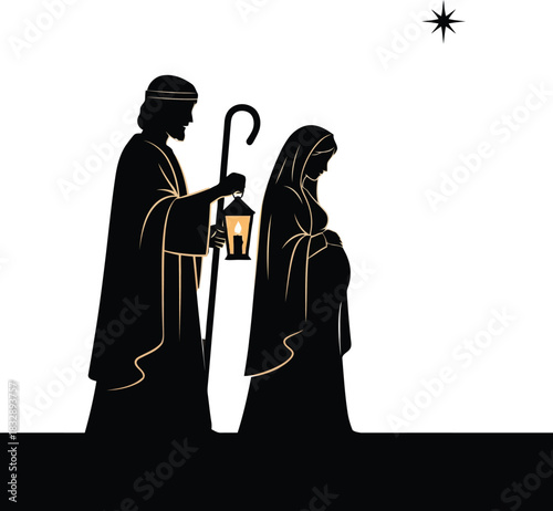 Joseph and pregnant Mary silhouette with lantern and star