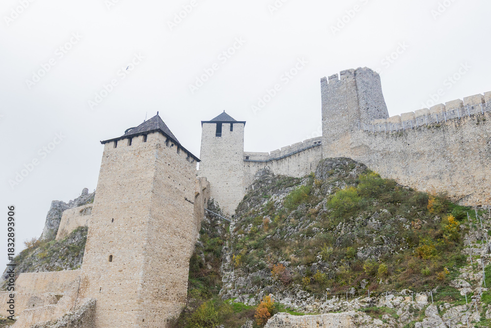 Fototapeta premium Close-up view of the imposing stone towers of Golubac fortress, Serbia