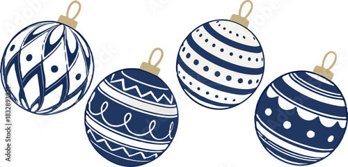 Shiny Christmas balls hanging on strings, classic New Year holiday decoration elements created in a smooth vector style.