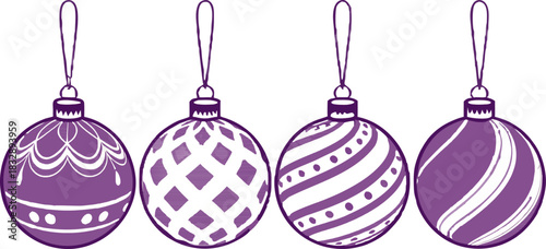 Vector set of hanging Christmas balls, elegant holiday ornaments designed for New Year celebration graphics and festive decorations.