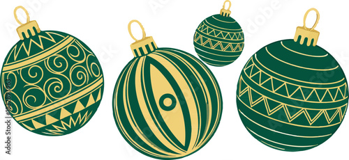 Set of decorative Christmas balls, hanging holiday ornaments in bright vector style for New Year themes and winter designs.