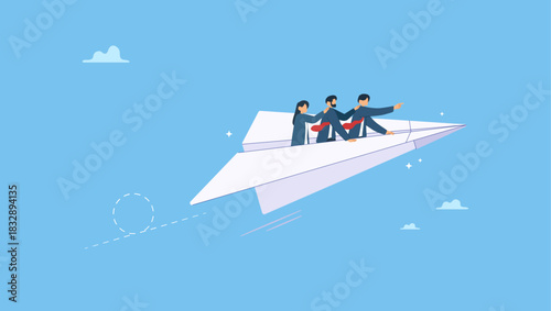 Manager lead business people employee on paper airplane origami. Team winning business achievement, teamwork working together, company direction, leadership strategy, motivation, aspirations.