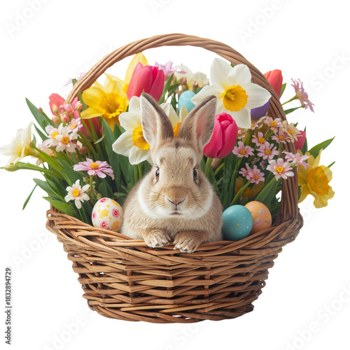 Cute Bunny With Colorful Eggs and Flowers in a Wicker Basket During Easter Ce...