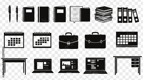 Office work concept with desk pen briefcase laptop calendar and notebooks
