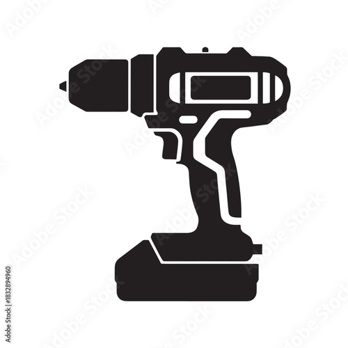 Black and white drill vector icon simple flat design isolated construction tool for DIY projects