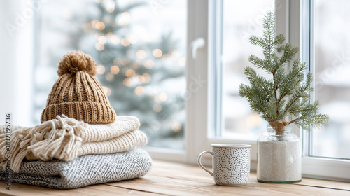 Cozy winter knitted hat, soft scarf and blanket, warm mug and small potted evergreen tree banner.