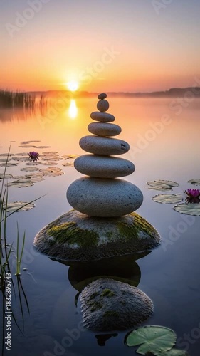 A perfectly balanced stack of smooth, grey stones rises gracefully from a moss-covered rock, standing firmly amidst tranquil water. The serene surface of the water is adorned with floating lily pads a