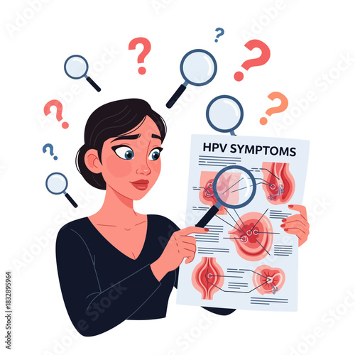 Woman Examining HPV Symptoms Chart with Magnifying Glass and Question Marks
