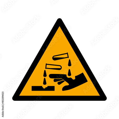 ISO 7010 W023 Corrosive Substance Safety Sign. Chemical Hazard Warning. Corrosive Substance Pictogram. Warning Sign for Corrosive Liquids.