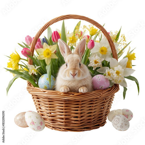 Cute Rabbit Sits in a Basket Surrounded by Colorful Flowers and Decorated Egg...
