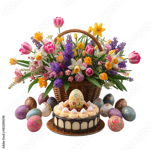 Colorful Spring Celebration With Flowers, Cake, and Decorated Eggs in a Baske...