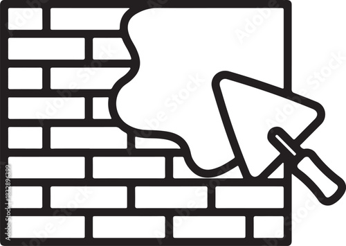 Silhouette of a trowel spreading mortar on a brick wall isolated on transparent background