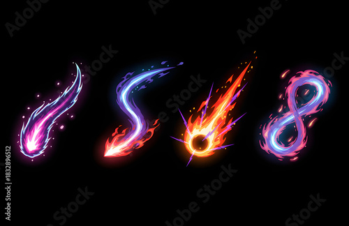 Four distinct 2D VFX meteors falling on a black background. Variants include fiery, electric, molten core, and arcane styles with glowing trails and impact effects.
