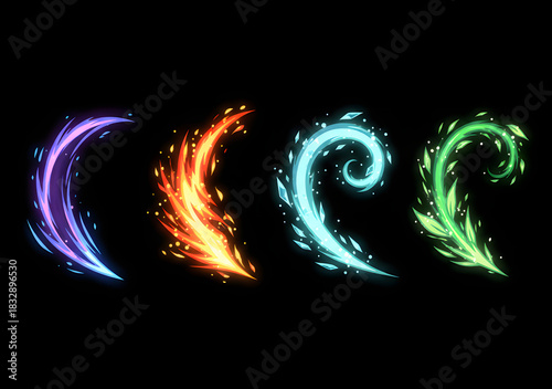 Four distinct 2D VFX effects on a black background. Varied shapes and colors include circular explosions, sharp slashes, energy bursts, and arcane pulses.