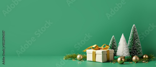 Christmas composition. A gift box with a gold bow against a backdrop of souvenir Christmas trees and golden baubles. Green background, with space on the left for text. AI generative.