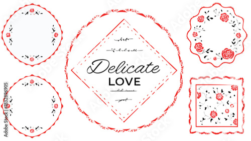 Collection of decorative frames and borders featuring delicate red roses and floral patterns perfect for romantic themes and invitations