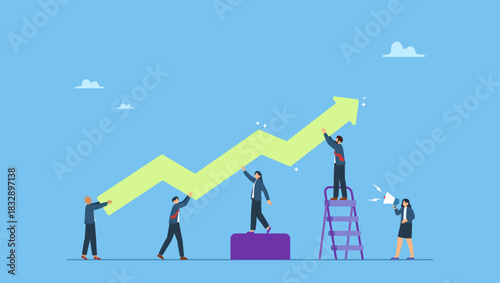 Diverse business people colleague help carry growing success arrow. Teamwork support, collaboration for team success, colleague helping or effort to progress to achievement, cooperation, synergy.