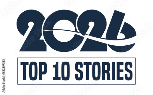 Modern “top 10 stories” typography logo in bold navy blue with dynamic swoosh line, isolated on white background, ideal for New Year events, business presentations, and futuristic branding designs.