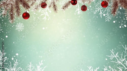 Festive red ornaments and snowflakes on a winter background