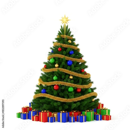 A christmas tree with ornaments and gifts on white